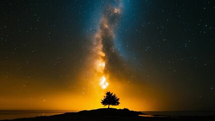 Wall Mural - silhouette of a lone tree under a vibrant starry sky with a luminous milky way spanning across the f