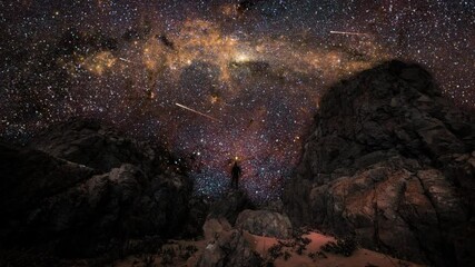 Wall Mural - man on a mountain top watching the starry night sky with milky way and shooting stars.