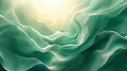 Wall Mural - abstract flowing fabric in shades of green illuminated with soft golden light from above creating a 