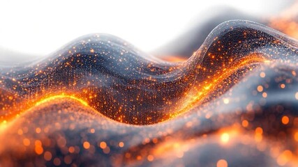Wall Mural - abstract digital landscape with flowing waves of dark blue and vibrant orange light particles and bo