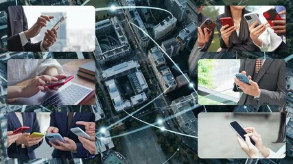 Aufkleber - 様々なスマホ利用シーンと通信ネットワークのコラージュ映像