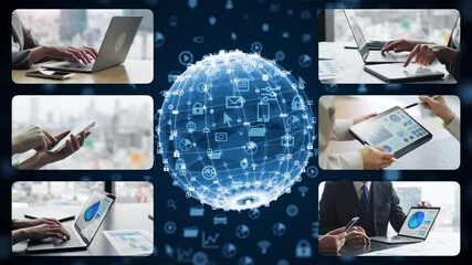Poster - Collage video of various digital device usage scenes and communication networks