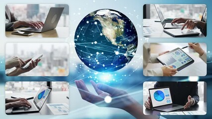 Poster - Collage video of various digital device usage scenes and global networks