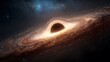 © dex - Swirling Black Hole Distorts Space Time With A Bright Ring Of Light Around Its Event Horizon Against A Galaxy Backdrop. Cosmic phenomenon, astrophysics, wallpaper background