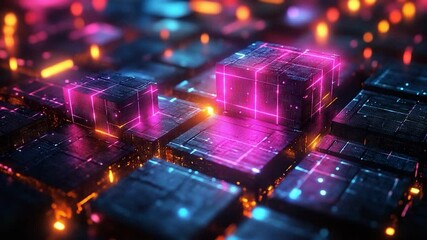Wall Mural - glowing pink neon cubes interconnected on a dark surface representing digital technology