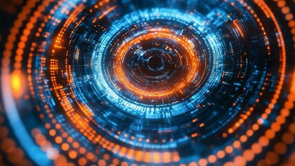 Wall Mural - abstract digital visualization of glowing concentric circles in blue and orange with data flow