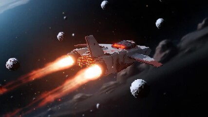 Wall Mural - pixelated spaceship flying through starry galaxy surrounded by floating asteroids with flaming exhau