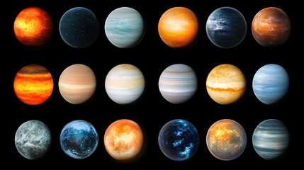 Wall Mural - Grid of Diverse Planetary Bodies Displaying Various Colors and Textures