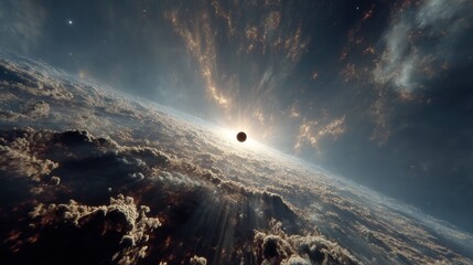 Wall Mural - Celestial Landscape with Sunlight Piercing Through Clouds