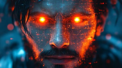 Wall Mural - cyberpunk portrait of a man with glowing orange eyes and digital overlays