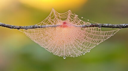 Spiderweb Covered with Dew Drops on Branch in Early Morning Light