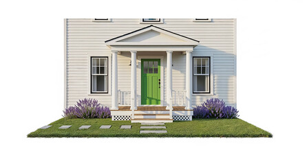 Poster - Classic american house with green door and lavender bushes welcoming visitors