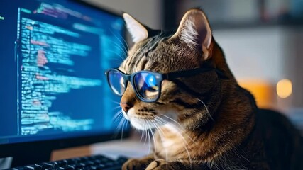 Tabby cat wearing eyeglasses sitting in front of computer programming and coding with script on the display screen indoors.