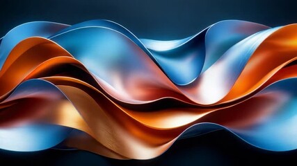 Wall Mural - abstract metallic ribbon waves in blue and orange against black background