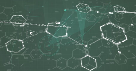 Wall Mural - image of network of connections and chemical structures over data processing on blue background