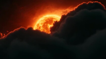 Wall Mural - Sunset behind dark clouds with glowing orange light creating dramatic sky and intense atmosphere, fiery sun surrounded by vibrant orange clouds in natures powerful light.