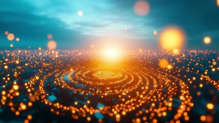 Glowing orange particles swirl in dynamic spiral pattern with bright glow and abstract light effect, creating mesmerizing and vibrant energy against dark blue background