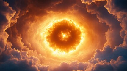 Wall Mural - Fiery glowing sun surrounded by dramatic orange and purple clouds with bright light creating powerful and intense sky scene filled with glowing fire and dynamic atmosphere
