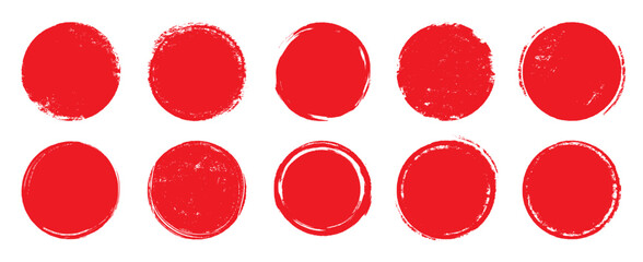 Poster - Japan circle red sun brush stamp watercolor paint shape sets. Hand drawn rough red Japanese flag circle shape ink brush stroke texture. Grunge asian rough badge element pack. Vector illustration