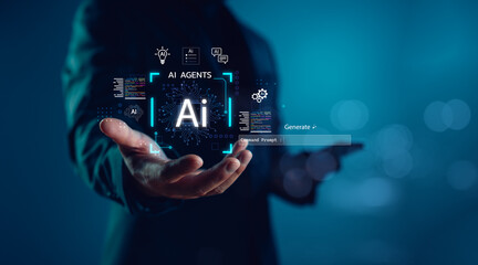 Poster - AI Agents innovation concept. Futuristic digital interface with artificial intelligence icons, command prompts, and data flow visuals for tech, automation, and machine learning themes.
