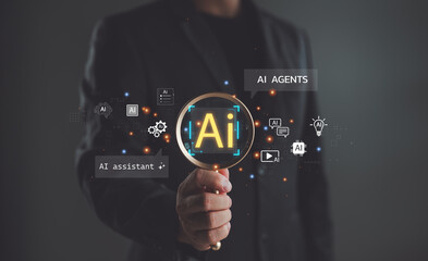 Aufkleber - AI assistant concept with businessman holding magnifying glass highlighting artificial intelligence icons, symbolizing smart agents, digital transformation, and future technology innovation.