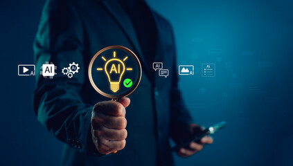 Poster - AI technology selection concept. Businessman holding magnifying glass with AI light bulb icon, symbolizing analysis, research, and choosing the right artificial intelligence solutions.