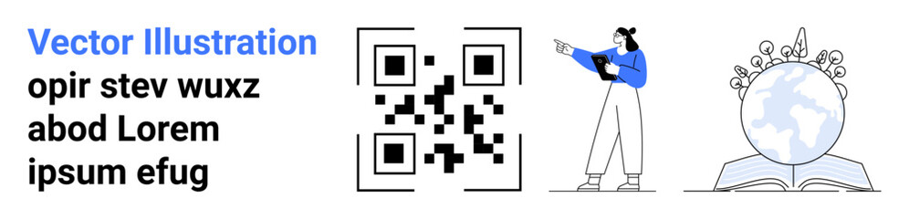 QR code, woman pointing while holding tablet, globe on book. Ideal for technology, mobile apps, e-learning, global connectivity, information sharing, innovation simple landing page