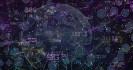 Wall Mural - Multiple 5g texts, network of connections and changing numbers over globe against blue background