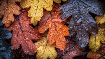 Oak leaf clusters wet fallen leaves in autumn colors showing intricate vein patterns with raindrops creating seamless natural texture background