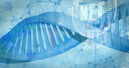 Wall Mural - image of nft, dna and connections on light blue background
