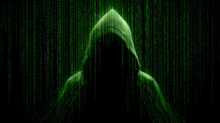 Digital Veil: A mysterious figure shrouded in a hood stands before a cascading matrix of binary code, embodying the enigmatic world of technology. 