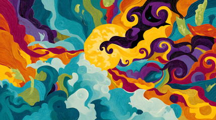 Wall Mural - vibrant psychedelic art: a colorful and imaginative artwork of sun, clouds, and various abstract sha