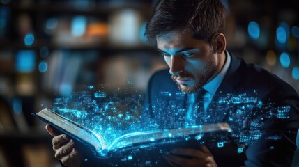a captivating image of a modern man immersed in a book, surrounded by glowing digital patterns emerging from its pages, showcasing the integration of literature with modern technology