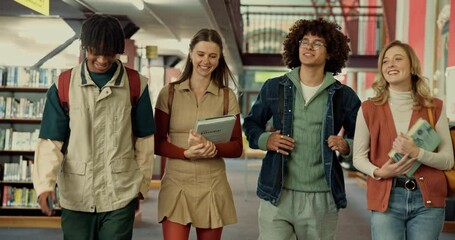 Poster - Students, group and laugh with books at college, library and happy with discussion in hallway. Women, men and university student with funny conversation with friends, education or learning at academy