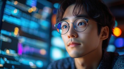 A focused asian man wearing glasses looking at a screen, involved in coding and data analysis.