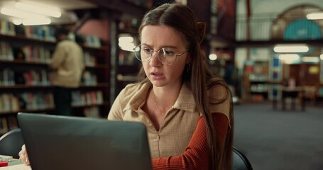 Poster - Woman, library and student with laptop, stress and education with deadline for project. Computer, scholarship or person with mistake, university and frustrated with internet, anxiety or quiz