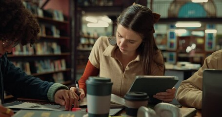 Poster - Group, studying and students in library, tablet and deadline for assignment, education and learning. Friends, university and people with technology, books and knowledge with scholarship and exam prep