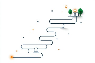 Poster - Animated Map Route Guide Ending at a Glowing Doorstep Icon, Depicting a Journey Through Clean, Serene Landscape