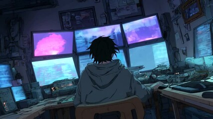 Person working at a cluttered computer station