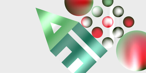 Aufkleber - Abstract design features green letterform, red spheres. Minimalist composition, modern aesthetic, simple shapes, gradient effects present.