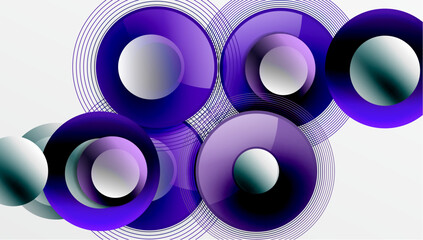 Leinwandbilder - Abstract circles overlap, creating vibrant purple hues. Lines radiate from center points, forming complex patterns. Minimalist design.