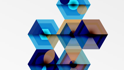 Leinwandbilder - Abstract geometric design. Hexagons, circles, lines create complex pattern. Blue, brown hues dominate composition. Minimalist style.