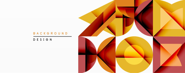 Aufkleber - Abstract geometric composition. Warm colors dominate, featuring overlapping triangles, circles, squares. Modern design evokes depth, texture, visual interest. Minimalist aesthetic.