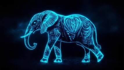 Wall Mural - Neon illuminated elephant with unique tribal pattern walking on a black background, 3D rendered