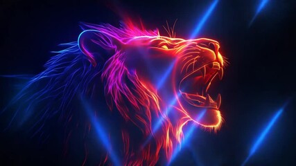 Wall Mural - Abstract neon lion head roaring with vibrant colors and futuristic illumination