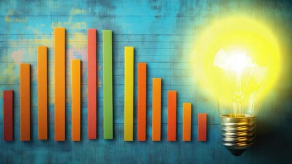 Wall Mural - creative light bulb with glowing filament beside colorful bar chart on blue textured background for 