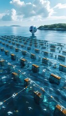Fototapete - 未来的な水上都市の青い海と島々 幾何学的な構造と光の反射 詳細な視点