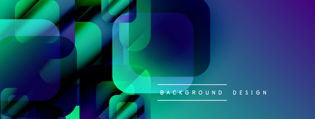 Fototapete - Abstract geometric shapes overlap, creating vibrant blue, green gradients. Modern design elements suggest digital art, fluid motion.