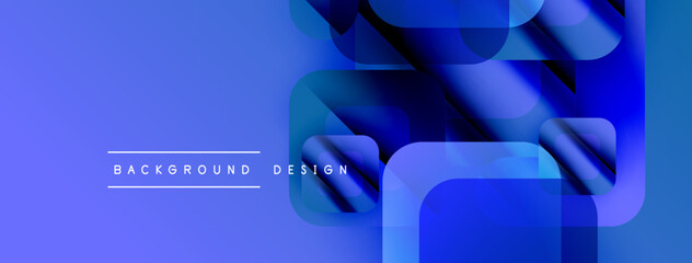 Poster - Abstract blue design features overlapping squares, rectangles. Gradient background creates modern visual effect. Text reads background design.