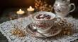 ©  Imagera - Elegant vintage tea cup with whipped cream, delicate flowers, and candles in a cozy setting, perfect for a warm and inviting atmosphere